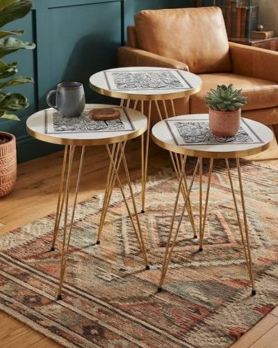 Black & White Islamic Nesting Tables Set of 3, Arabic Coffee Table Set