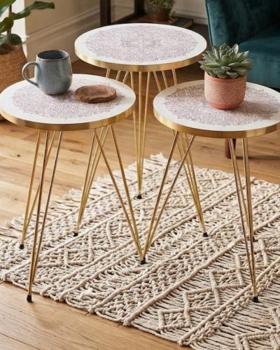 Pink Mandala Nesting Tables Set of 3, Moroccan Coffee Tables