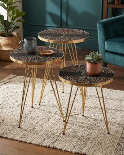 Black Floral Nesting Tables Set of 3, Moroccan Coffee Tables