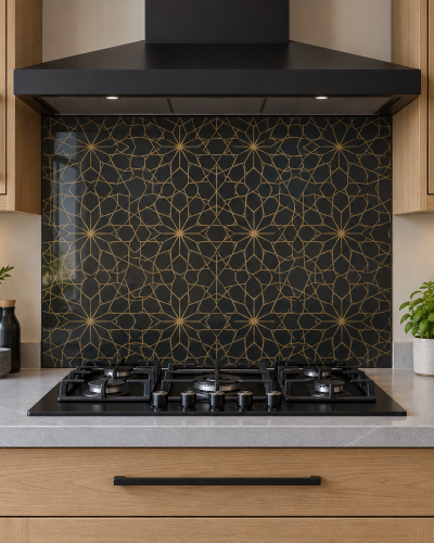 Black Gold Geometric Lattice Glass Kitchen Splashback