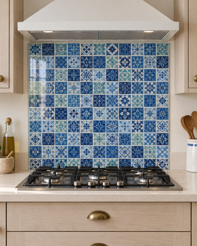 Blue Moroccan Patchwork Tile Effect Glass Kitchen Splashback
