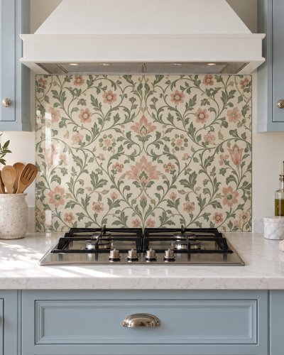 Sage Pink Ottoman Floral Glass Kitchen Splashback