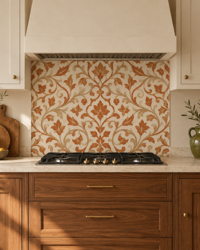 Terracotta Andalusian Damask Glass Kitchen Splashback