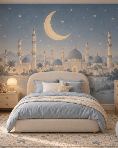 Moonlit Minaret Wall Murals – Soft Blue Mosque Skyline