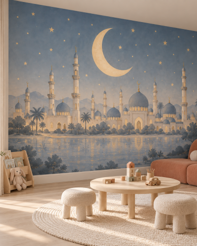 Moonlit Minaret Wall Murals – Soft Blue Mosque Skyline