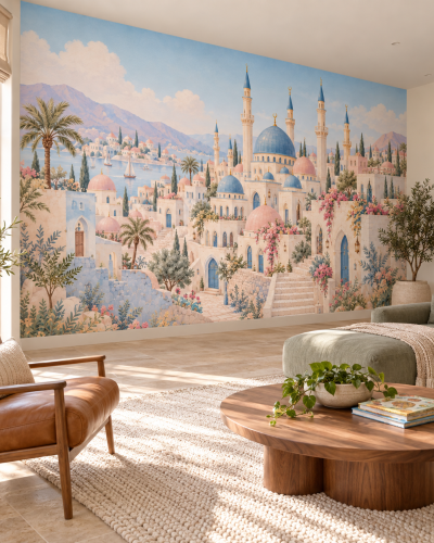 Coastal Mosque City Wall Murals – Blue Domes and Palms