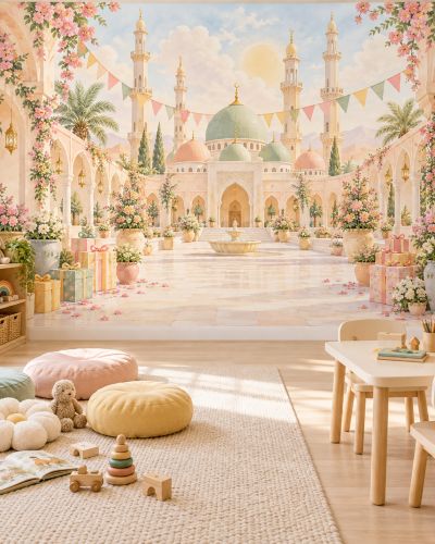 Eid Morning Wall Murals – Pastel Mosque Celebration