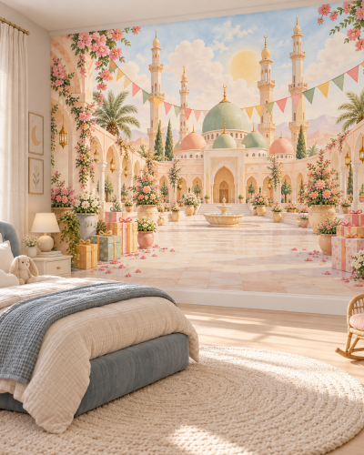 Eid Morning Wall Murals – Pastel Mosque Celebration