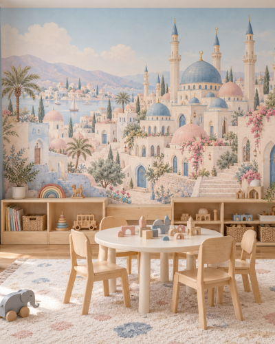 Coastal Mosque City Wall Murals – Blue Domes and Palms