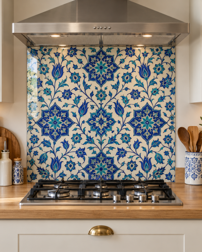 Blue Ottoman Floral Medallion Glass Kitchen Splashback