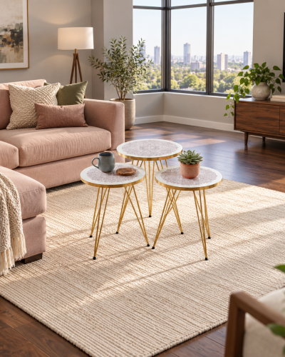 Pink Mandala Nesting Tables Set of 3, Moroccan Coffee Tables