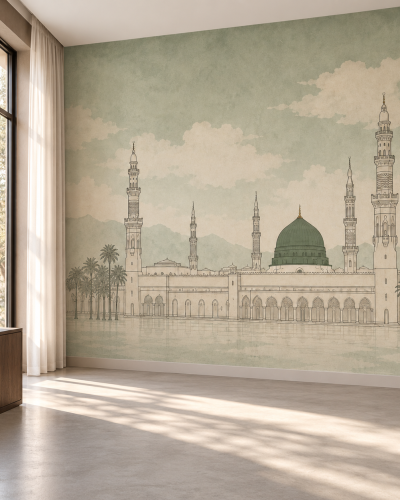 Sage Madinah Wall Murals – Soft Green Mosque Illustration