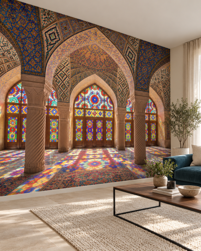 Persian Mosque Wall Murals – Colorful Stained Glass Arches