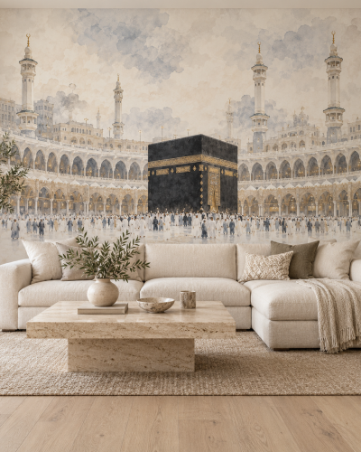 Watercolor Kaaba Wall Murals – Soft Mecca Panorama