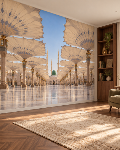 Madinah Umbrella Wall Murals – Sunlit Mosque Courtyard