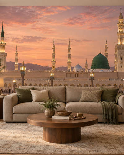 Madinah Sunset Wall Murals – Green Dome and Rose Sky