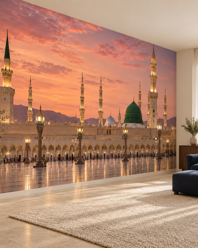 Madinah Sunset Wall Murals – Green Dome and Rose Sky