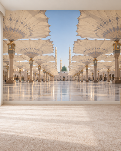 Madinah Umbrella Wall Murals – Sunlit Mosque Courtyard