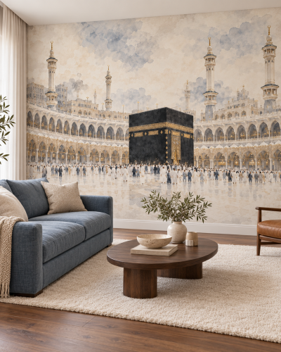 Watercolor Kaaba Wall Murals – Soft Mecca Panorama