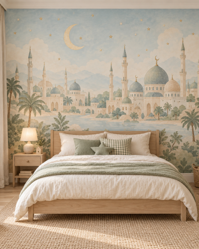 Pastel Mosque City Wall Murals – Crescent and Palm Garden