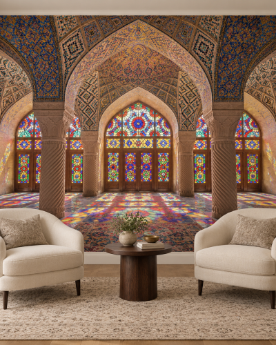 Persian Mosque Wall Murals – Colorful Stained Glass Arches