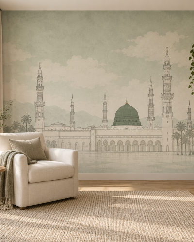 Sage Madinah Wall Murals – Soft Green Mosque Illustration