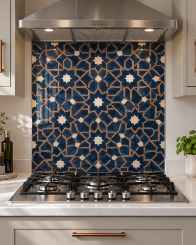 Navy Copper Seljuk Star Glass Kitchen Splashback