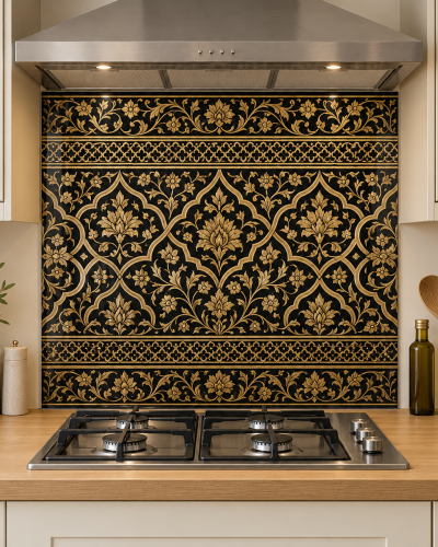 Black Gold Floral Arabesque Glass Kitchen Splashback