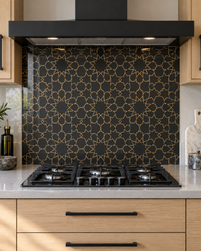 Black Gold Star Rosette Glass Kitchen Splashback