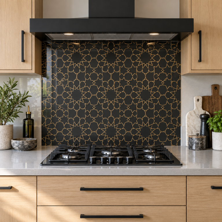 Black Gold Star Rosette Glass Kitchen Splashback
