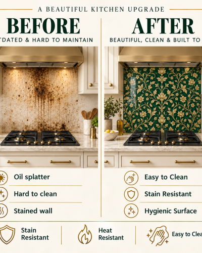 Black Gold Star Rosette Glass Kitchen Splashback