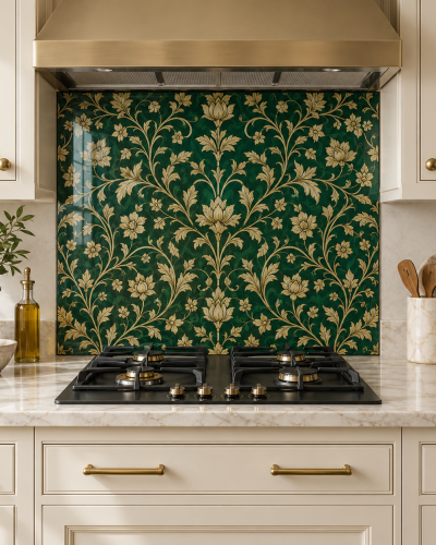 Emerald Gold Botanical Glass Kitchen Splashback